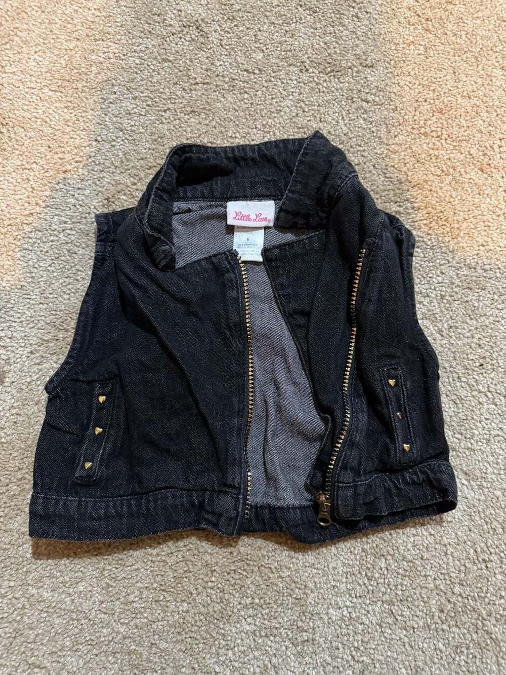 Little Lass Denim Vest Size 6 Black Zip Up Heart Studs